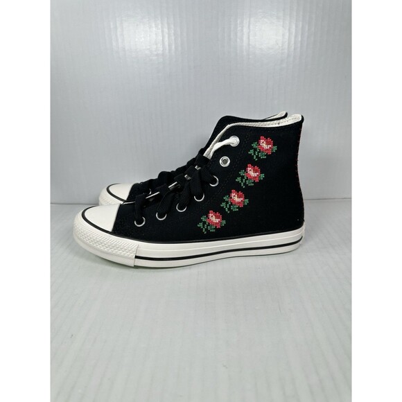 Size 8 Converse Women Sneaker Black Hi Rose Embroidered Jellyfish Jitter A13657C - Picture 4 of 9